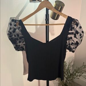 Black Puff Sleeve Crop Top with Polka Dot Mesh Sleeves